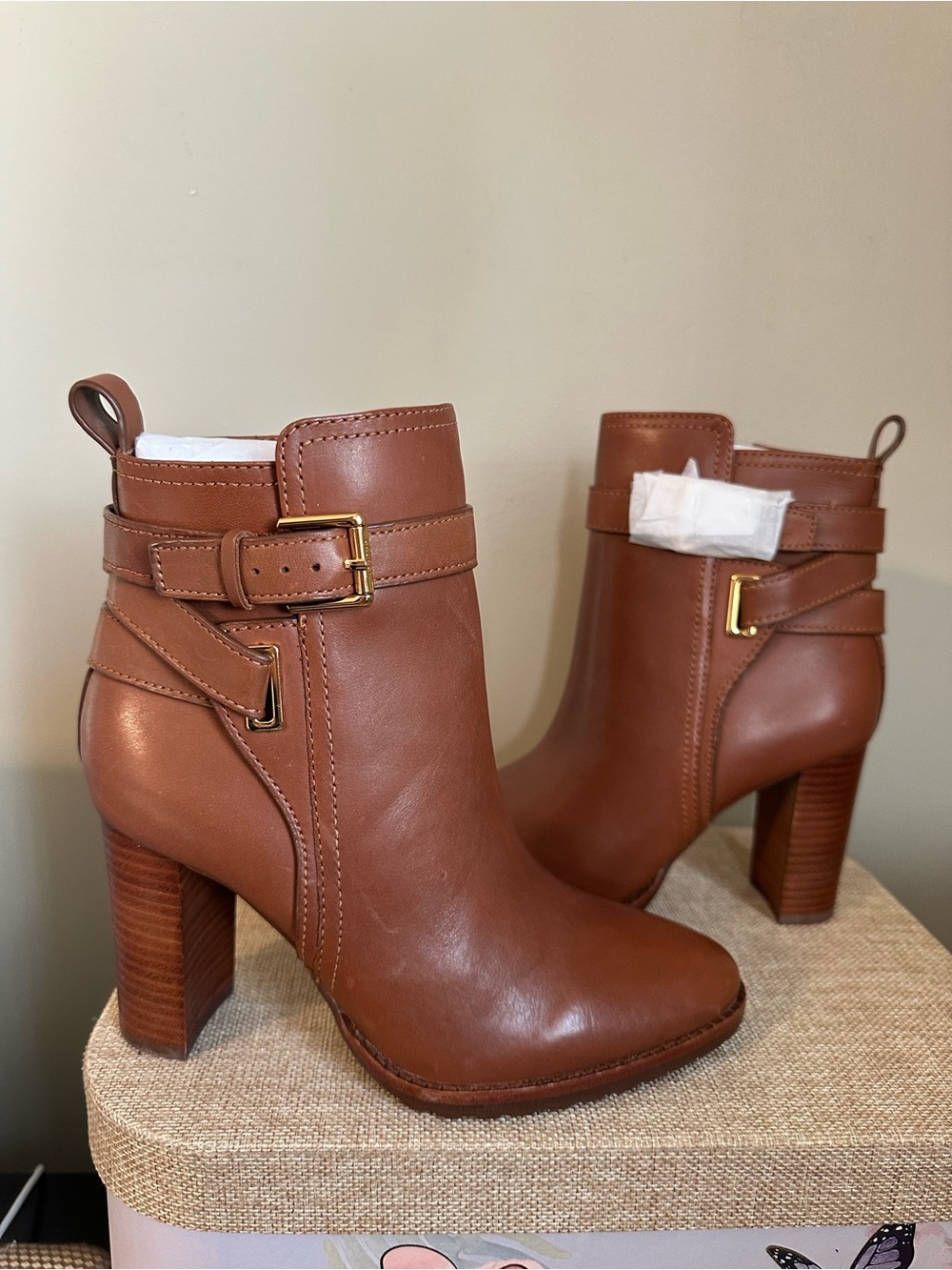 NIB Ralph Lauren Madisyn Cognac Leather Stacked-Heel Ankle Boots - 5